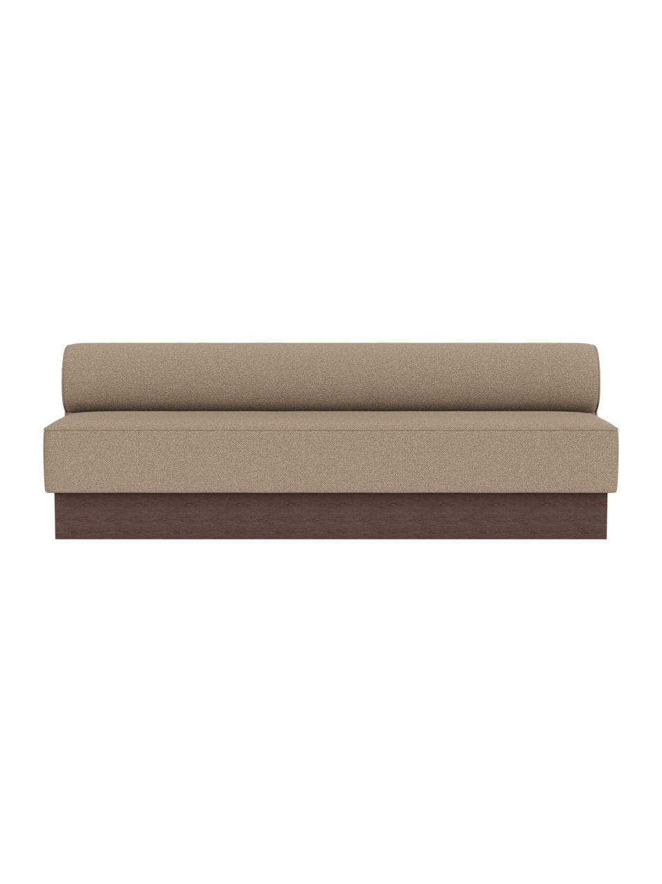 Eave Dining Sofa, Plateau in Logan Flint upholstery with dark stained oak, viewed from the front against a black background.