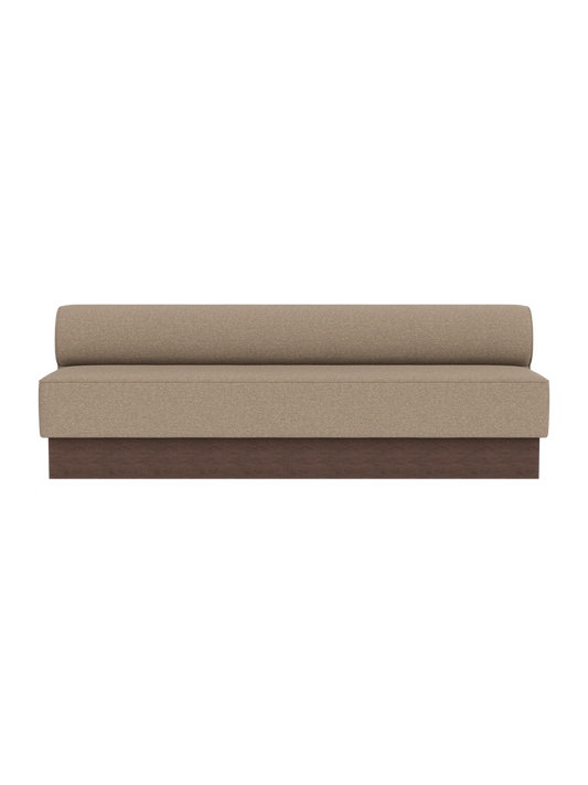 Eave Dining Sofa, Plateau in Logan Flint upholstery with dark stained oak, viewed from the front against a black background.