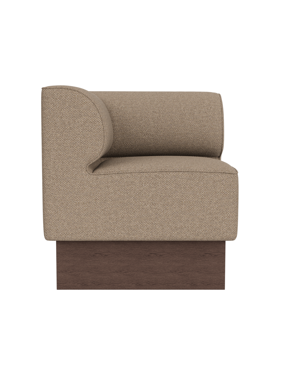 Eave Dining Sofa, Plateau in dark stained oak with Logan Flint upholstery, shown from a side profile view.