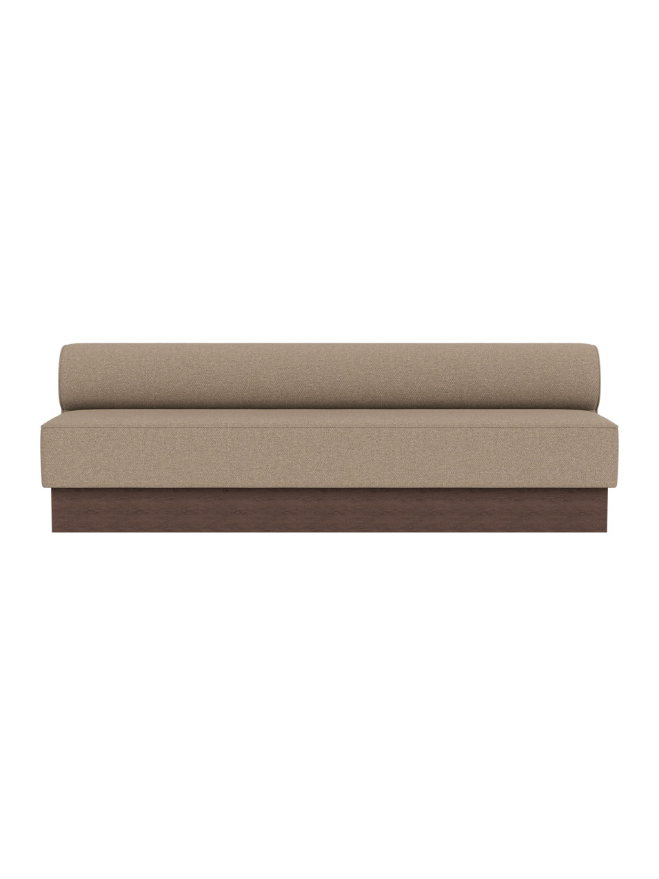 The Eave Dining Sofa, Plateau in Logan Flint upholstery with a dark stained oak base, viewed from the front.