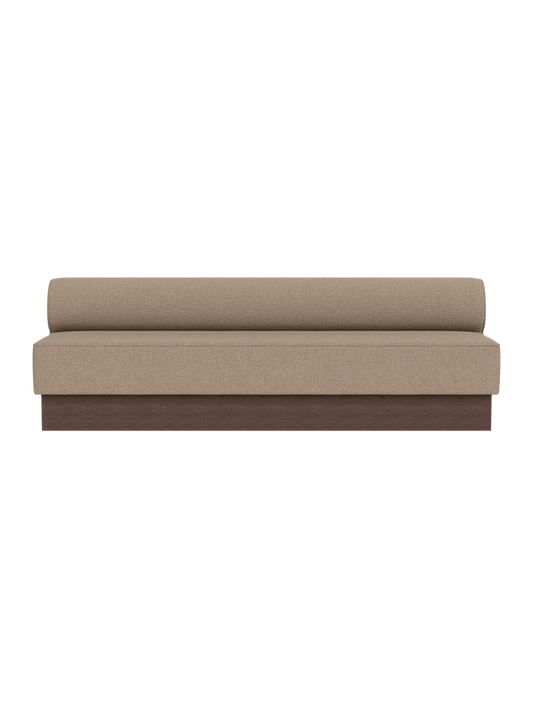 The Eave Dining Sofa, Plateau in Logan Flint upholstery with a dark stained oak base, viewed from the front.