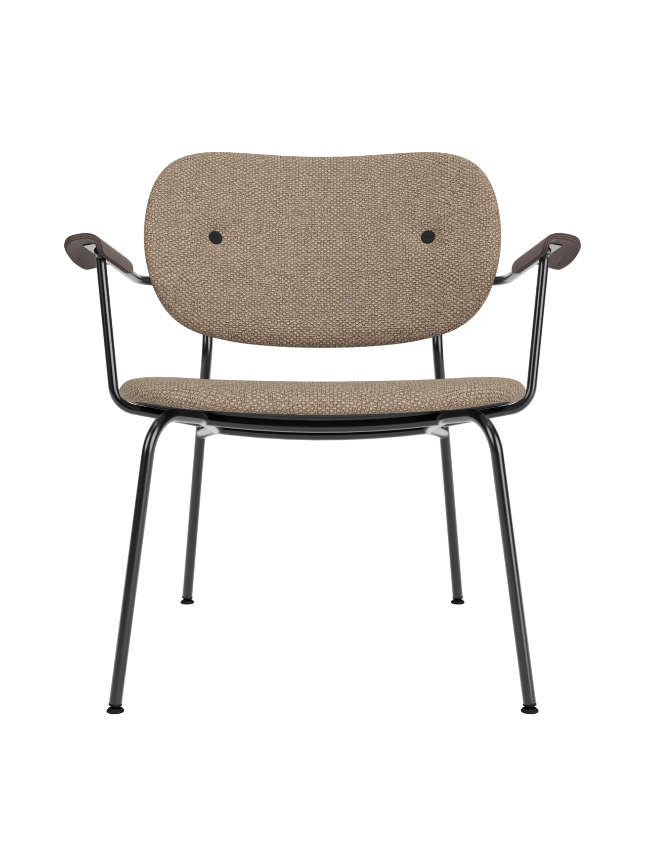 Fully upholstered Co Lounge Chair in Logan Flint fabric with dark stained oak armrests and a black steel frame.