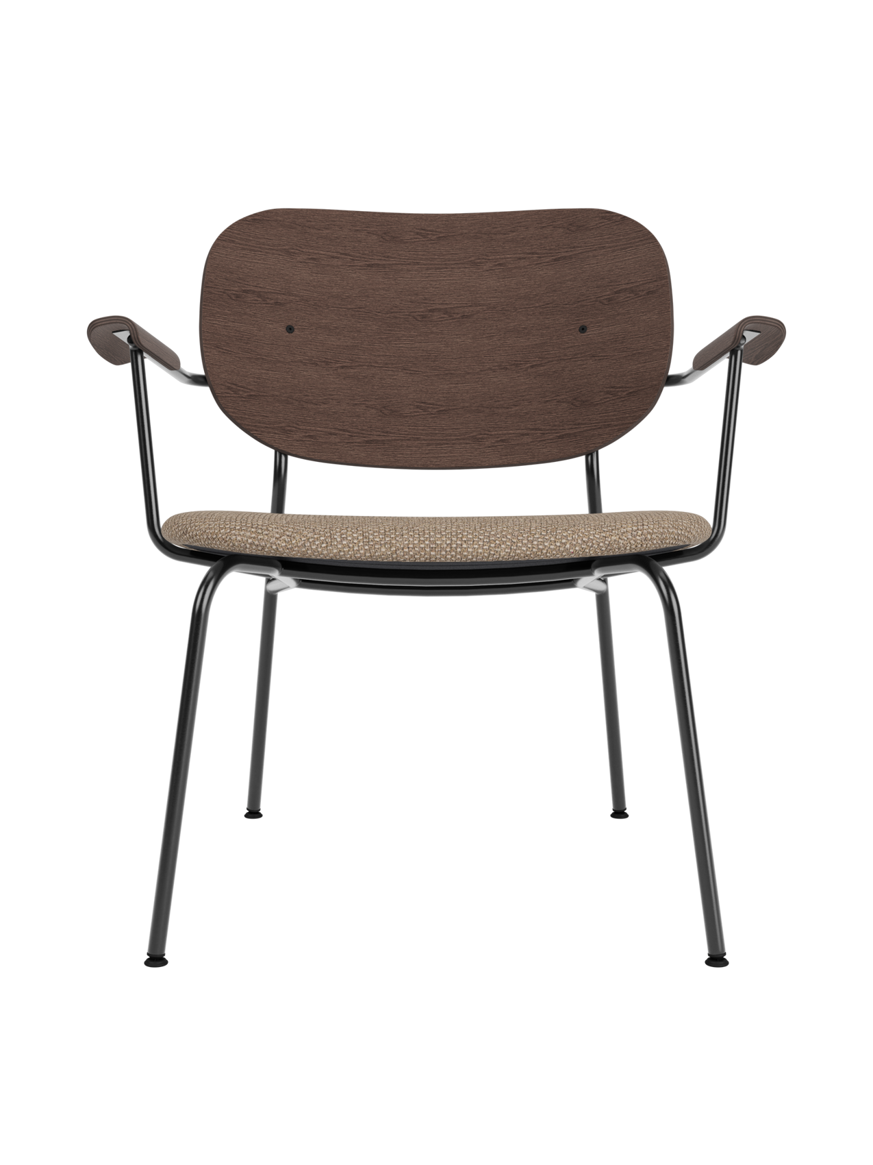 Co Lounge Chair with a dark stained oak backrest and Logan Flint upholstered seat on a black steel frame.