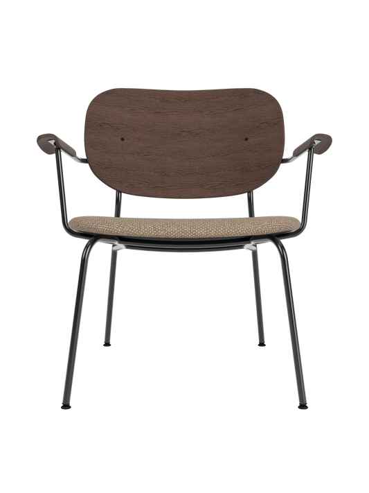Co Lounge Chair with a dark stained oak backrest and Logan Flint upholstered seat on a black steel frame.