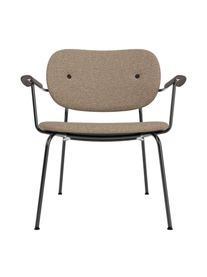 Co Lounge Chair in Logan Flint upholstery with dark stained oak armrests and a slender black steel frame.