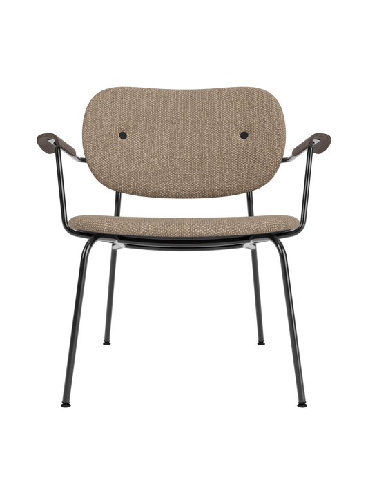 Co Lounge Chair in Logan Flint upholstery with dark stained oak armrests and a slender black steel frame.