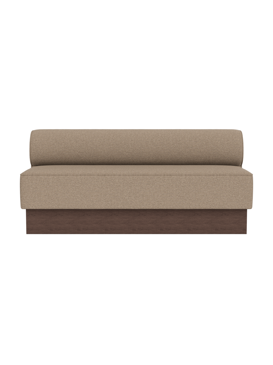 Eave Dining Sofa, Plateau in Logan Flint upholstery with a dark oak base, viewed from the front.
