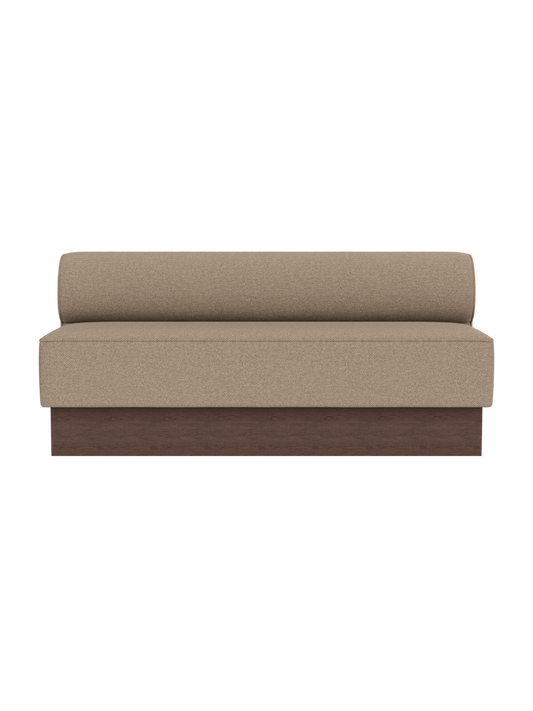 Eave Dining Sofa, Plateau in Logan Flint upholstery with a dark oak base, viewed from the front.