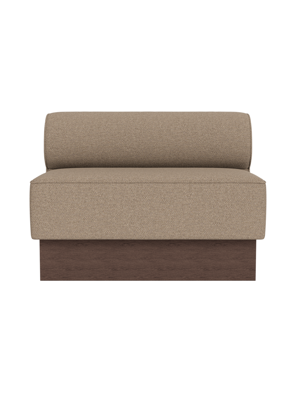 Eave Dining Sofa, Plateau in dark stained oak with Logan Flint upholstery, shown from a front view.