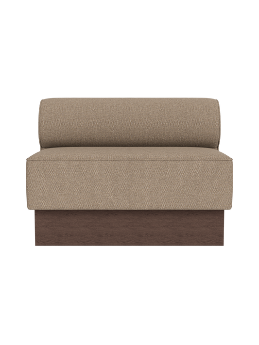 Eave Dining Sofa, Plateau in dark stained oak with Logan Flint upholstery, shown from a front view.