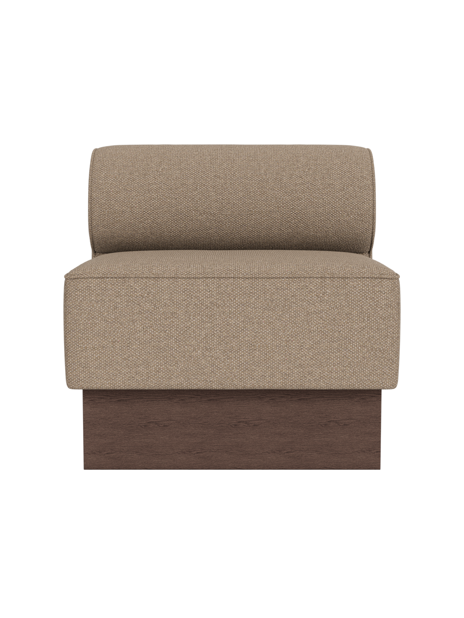 The Eave Dining Sofa module upholstered in Logan Flint fabric with a dark stained oak base, viewed from the front.