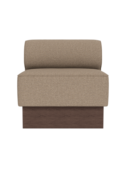 The Eave Dining Sofa module upholstered in Logan Flint fabric with a dark stained oak base, viewed from the front.