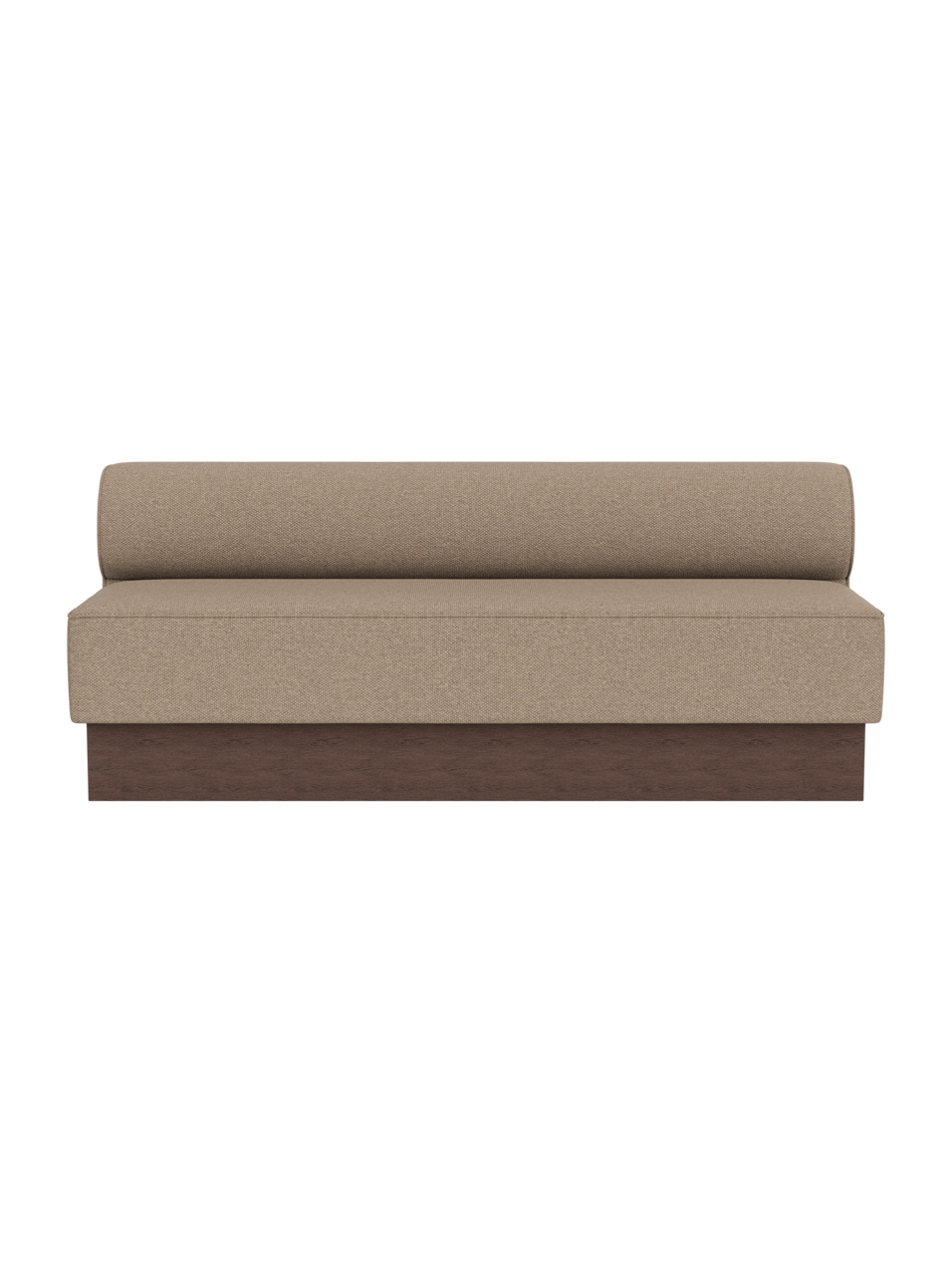 Eave Dining Sofa, Plateau in dark stained oak with Logan Flint upholstery, shown in a straight module configuration.