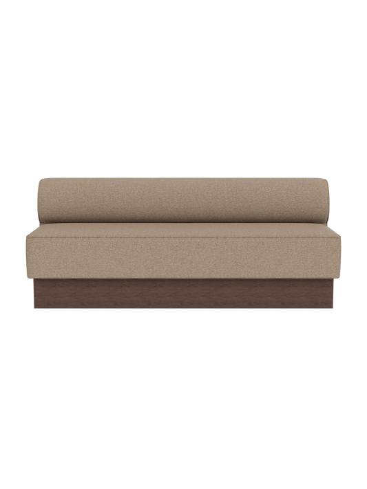 Eave Dining Sofa, Plateau in dark stained oak with Logan Flint upholstery, shown in a straight module configuration.