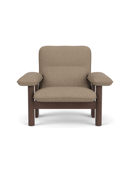 Front view of the Brasilia Lounge Chair, High Back, with a dark stained oak frame and light brown Logan Flint upholstery.