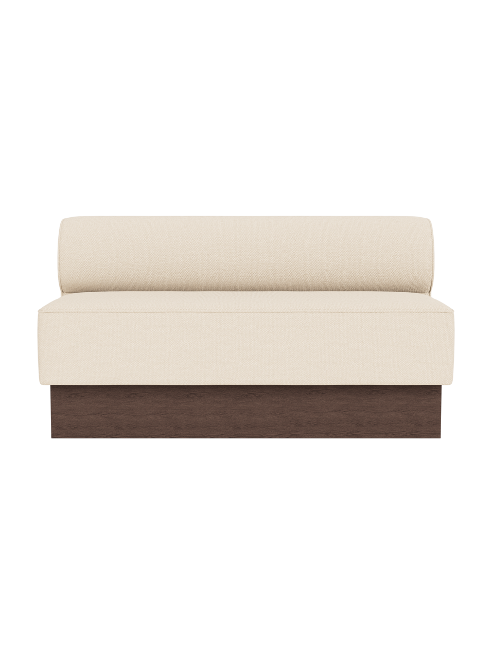 Eave Dining Sofa, Plateau in Logan Jasmine upholstery featuring a dark stained oak base, viewed from the front.
