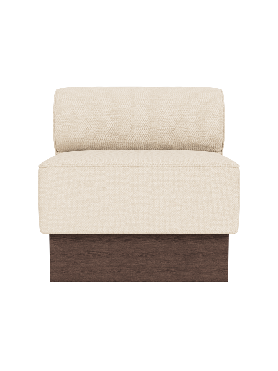Eave Dining Sofa, Plateau module in Logan Jasmine upholstery with a dark stained oak base, shown from the front.