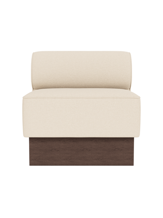 Eave Dining Sofa, Plateau module in Logan Jasmine upholstery with a dark stained oak base, shown from the front.