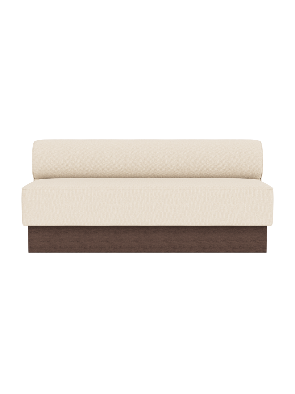 Eave Dining Sofa in Logan Jasmine upholstery with a dark stained oak base, shown from the front.