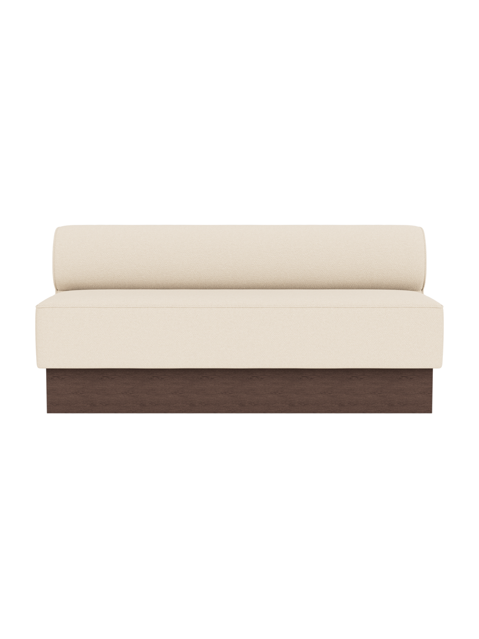The Eave Dining Sofa, Plateau in Logan Jasmine upholstery with a dark stained oak base, shown from the front.