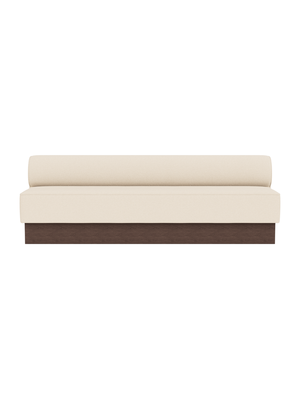 Eave Dining Sofa, Plateau in Logan Jasmine upholstery with a dark stained oak base, viewed from the front.