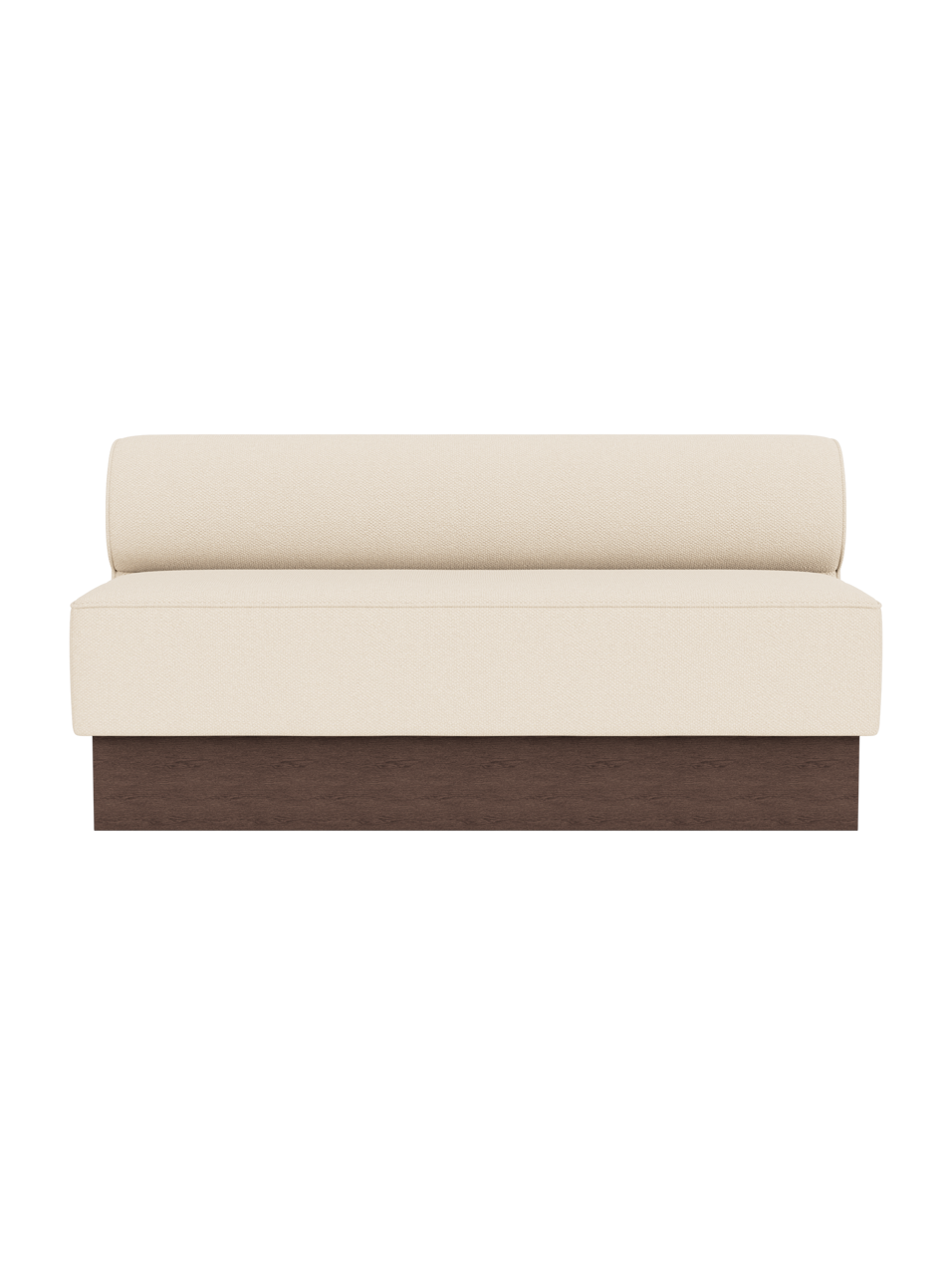 Eave Dining Sofa, Plateau in Logan Jasmine upholstery with a dark stained oak base, viewed from the front.