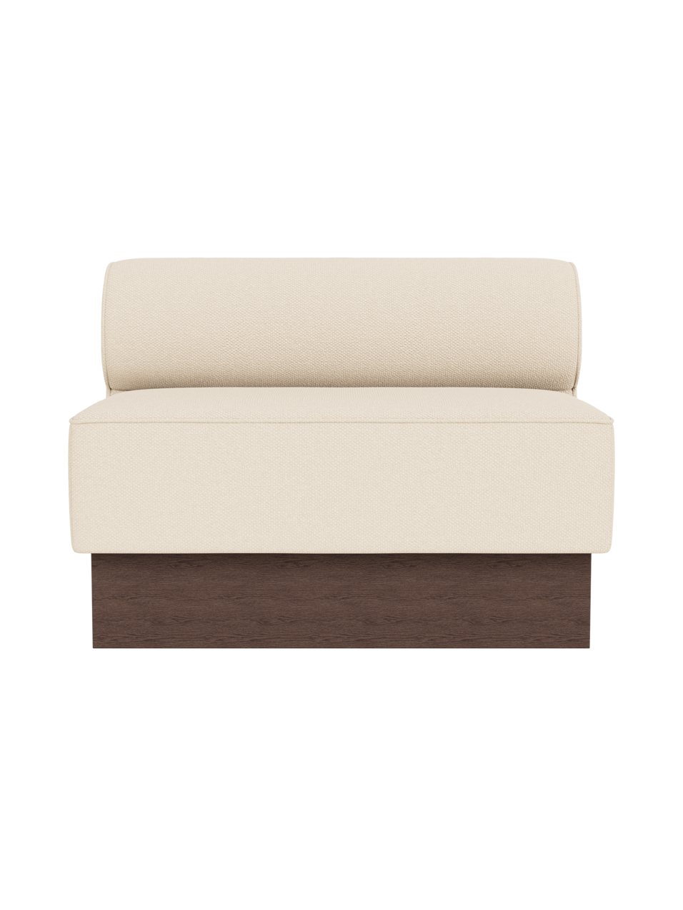 Eave Dining Sofa upholstered in Logan Jasmine fabric with a dark stained oak base, shown from a front view.