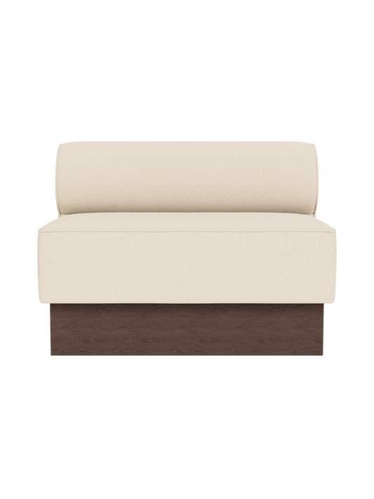 Eave Dining Sofa upholstered in Logan Jasmine fabric with a dark stained oak base, shown from a front view.