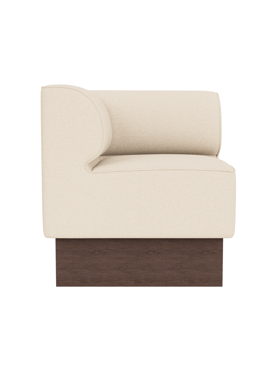 Eave Dining Sofa, Plateau in Logan Jasmine upholstery with a dark stained oak base, viewed from the side.