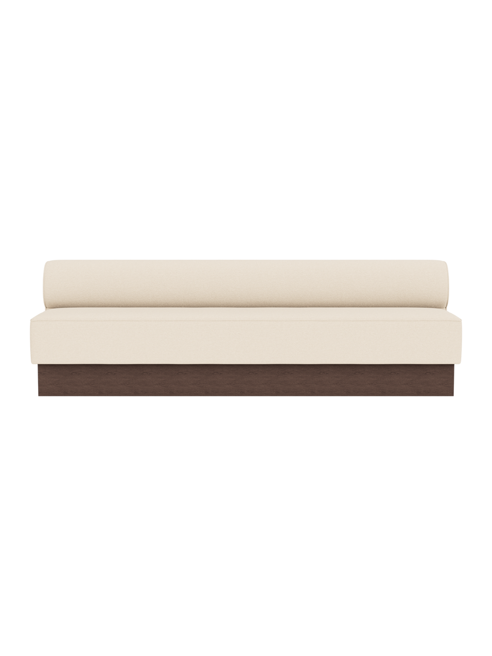 Eave Dining Sofa, Plateau upholstered in Logan Jasmine fabric with a dark stained oak base, viewed from the front.