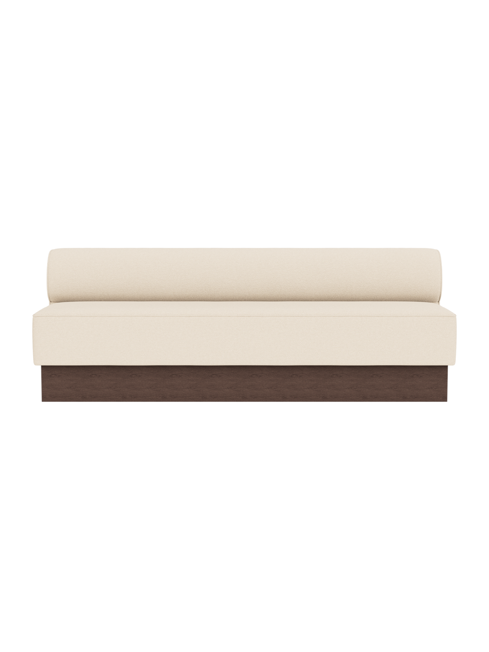 Eave Dining Sofa, Plateau in Logan Jasmine upholstery with a dark stained oak base, viewed from the front.