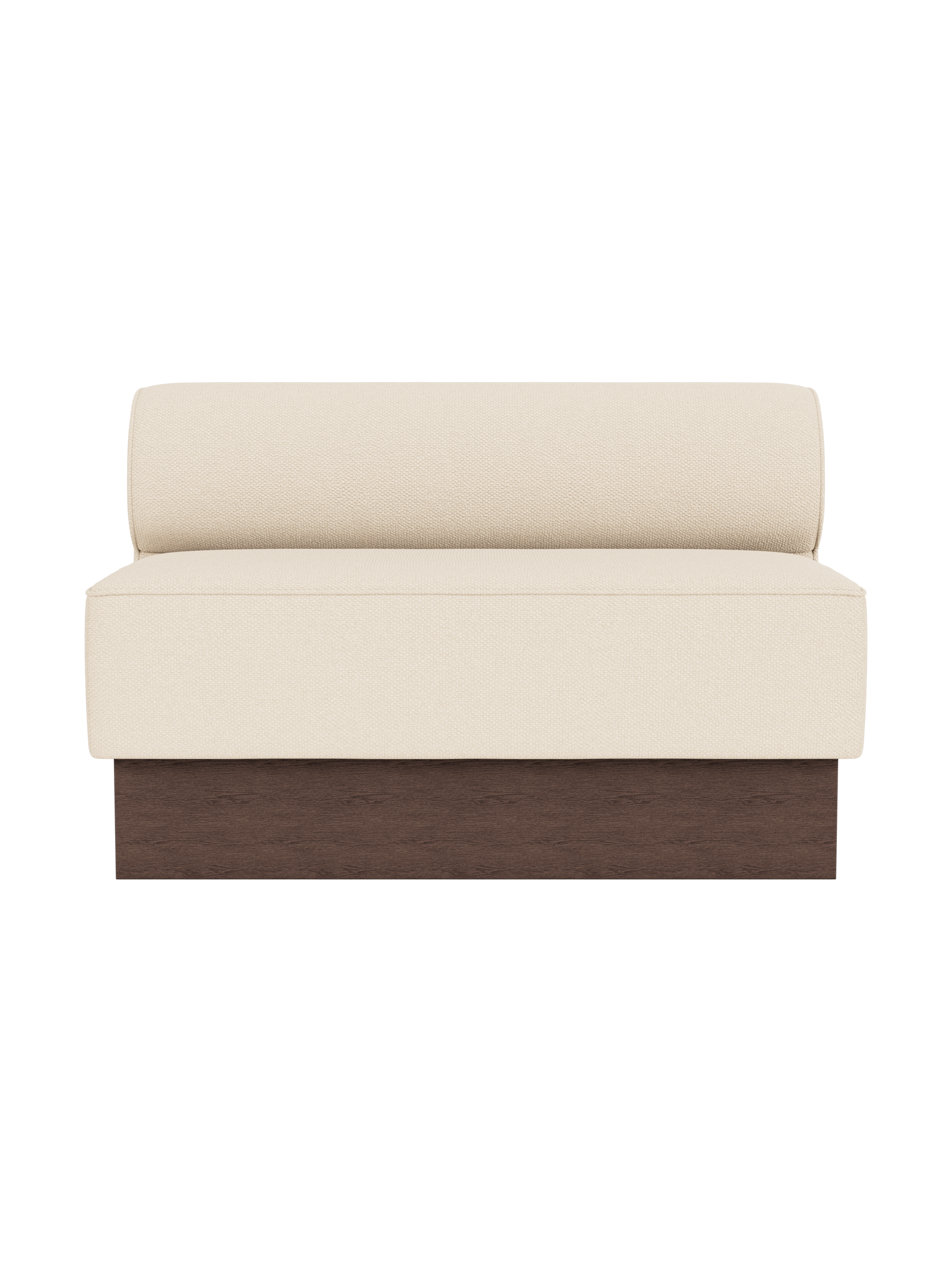 Eave Dining Sofa, Plateau in Logan Jasmine upholstery featuring a dark stained oak base, viewed from the front.