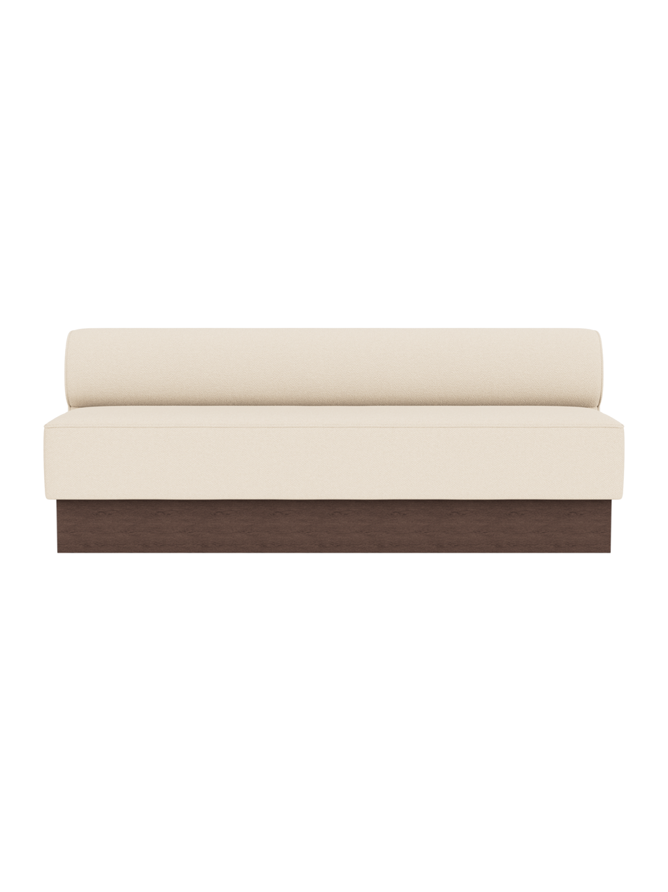 Eave Dining Sofa, Plateau upholstered in Logan Jasmine fabric with a dark stained oak base, shown from a front angle.