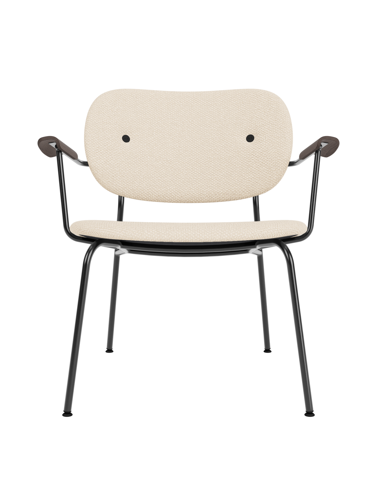 Logan Jasmine upholstered Co Lounge Chair with dark stained oak armrests and a slender black powder-coated steel base.