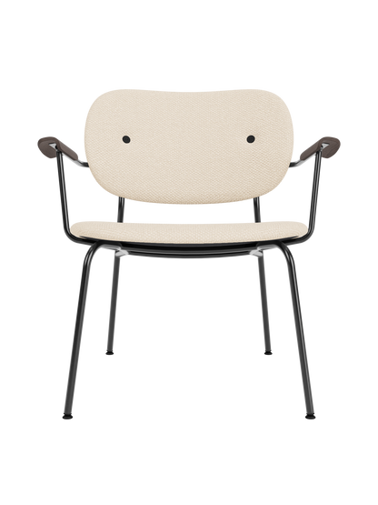 Logan Jasmine upholstered Co Lounge Chair with dark stained oak armrests and a slender black powder-coated steel base.