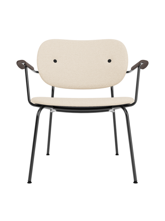Logan Jasmine upholstered Co Lounge Chair with dark stained oak armrests and a slender black powder-coated steel base.