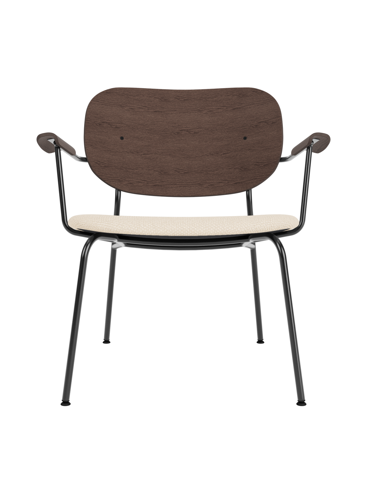 Co Lounge Chair featuring a dark stained oak backrest and Logan Jasmine upholstered seat on a black steel frame.