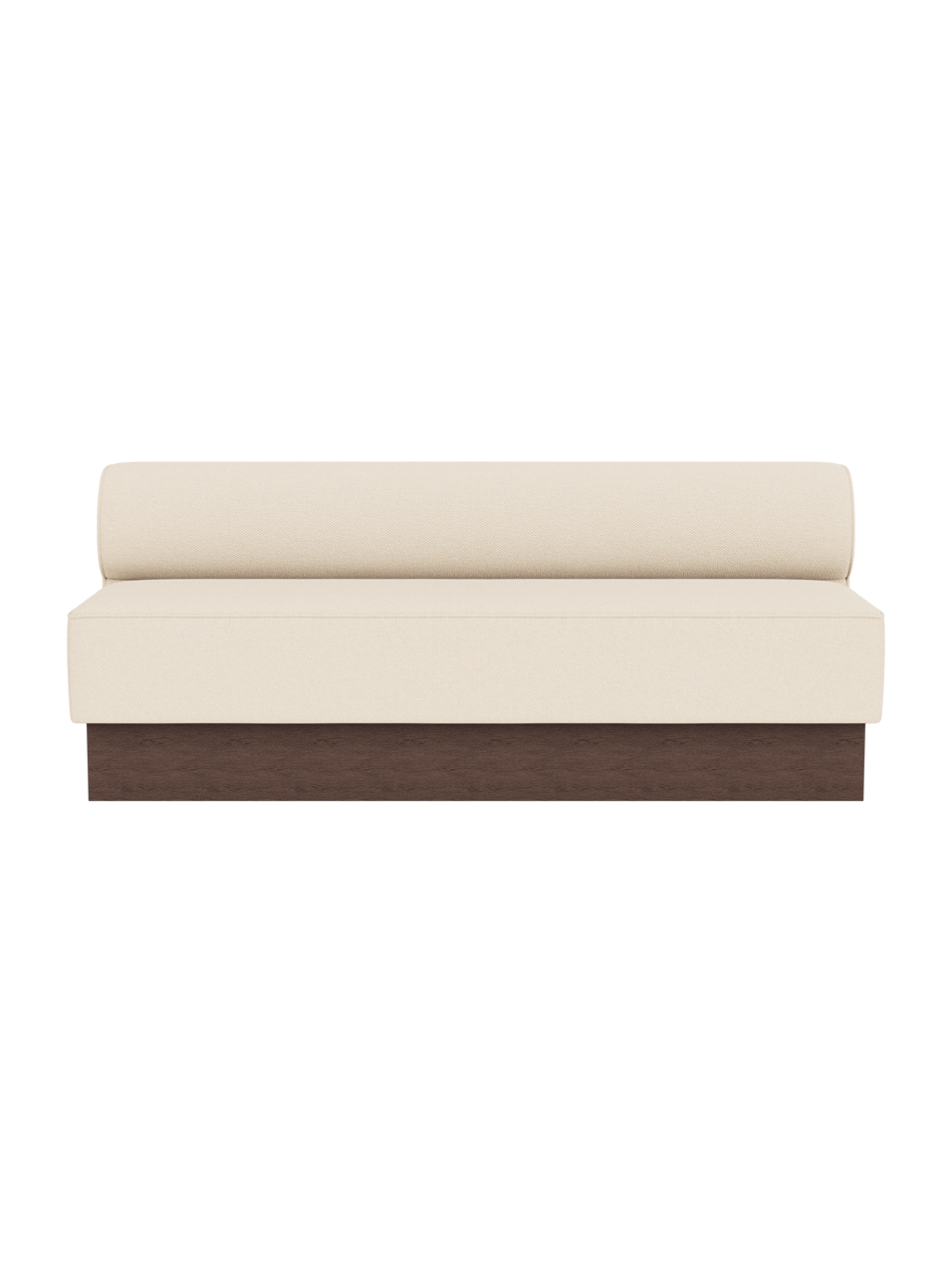 Eave Dining Sofa, Plateau in dark stained oak with Logan Jasmine upholstery, presented against a clean background.