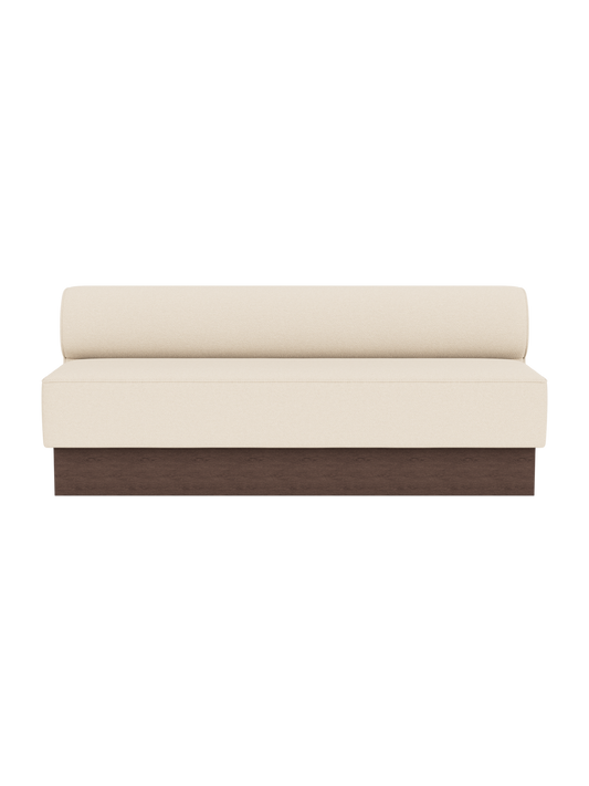 Eave Dining Sofa, Plateau in dark stained oak with Logan Jasmine upholstery, presented against a clean background.