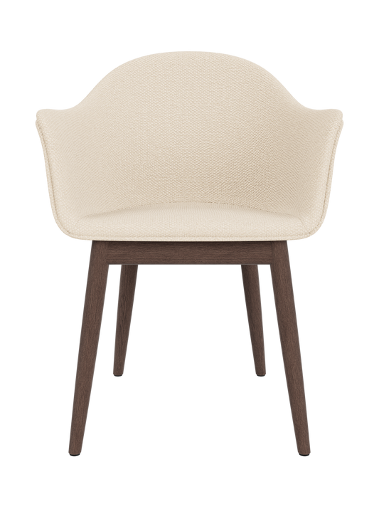Harbour Dining Chair, Wooden Base with textured Logan Jasmine upholstery and solid dark stained oak legs.