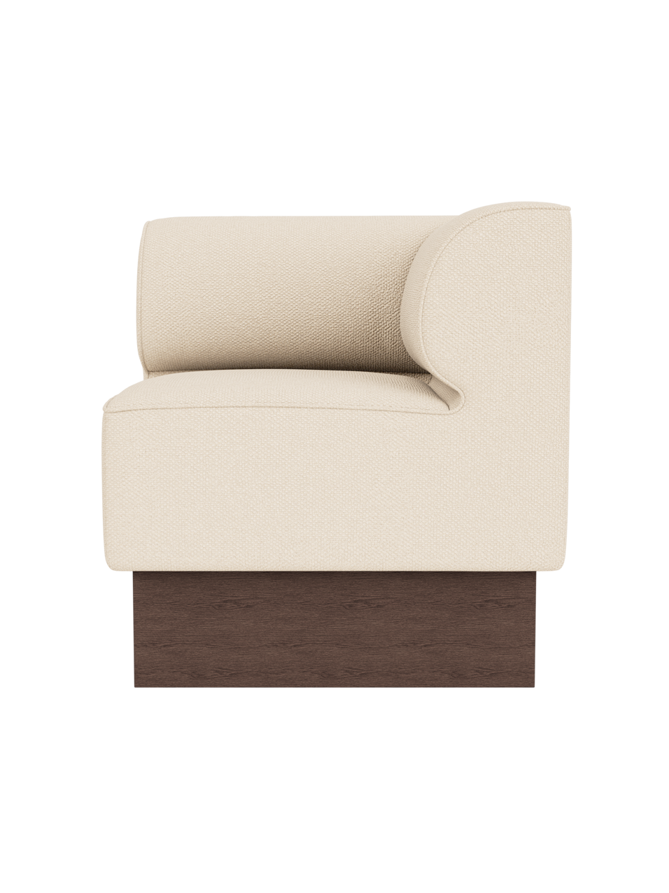 Eave Dining Sofa Corner Module in Logan Jasmine upholstery with a dark stained oak base, viewed from the side.