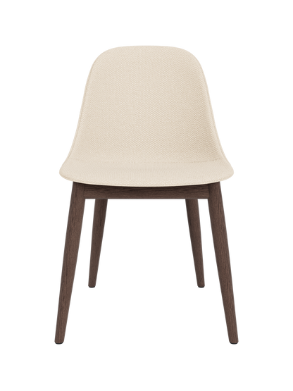 Harbour Side Dining Chair featuring textured Logan Jasmine upholstery and a minimalist dark stained oak wooden base.