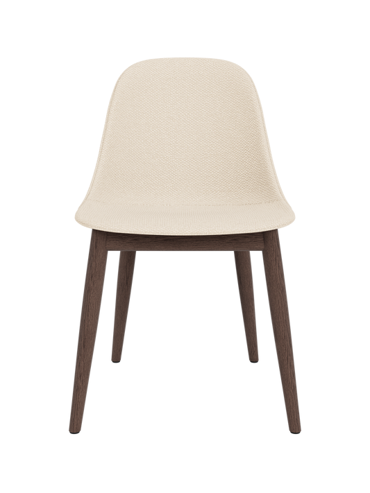 Harbour Side Dining Chair featuring textured Logan Jasmine upholstery and a minimalist dark stained oak wooden base.