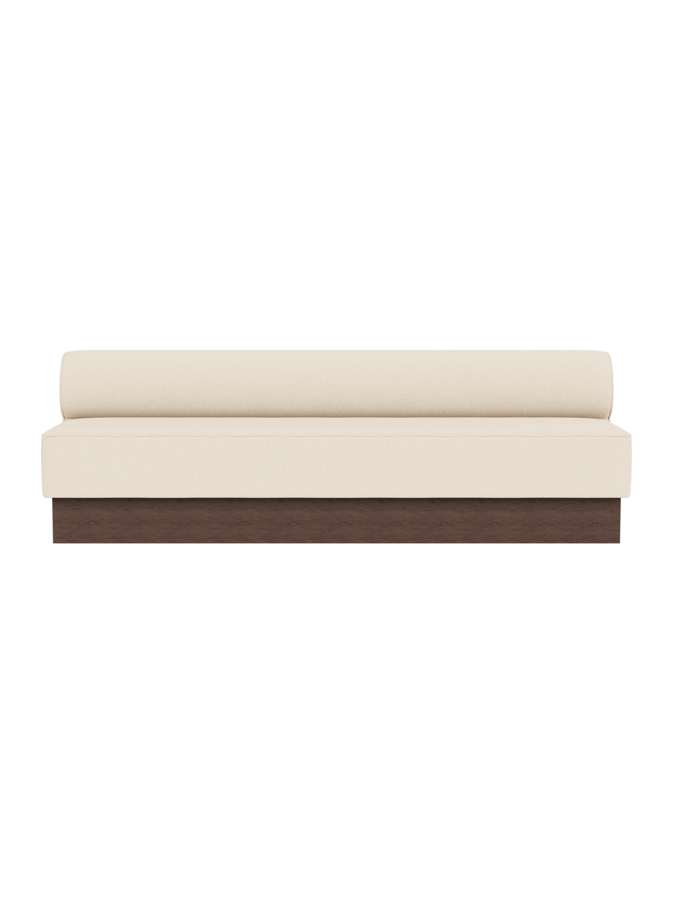 Eave Dining Sofa, Plateau in Logan Jasmine upholstery with a dark stained oak base, viewed from the front.