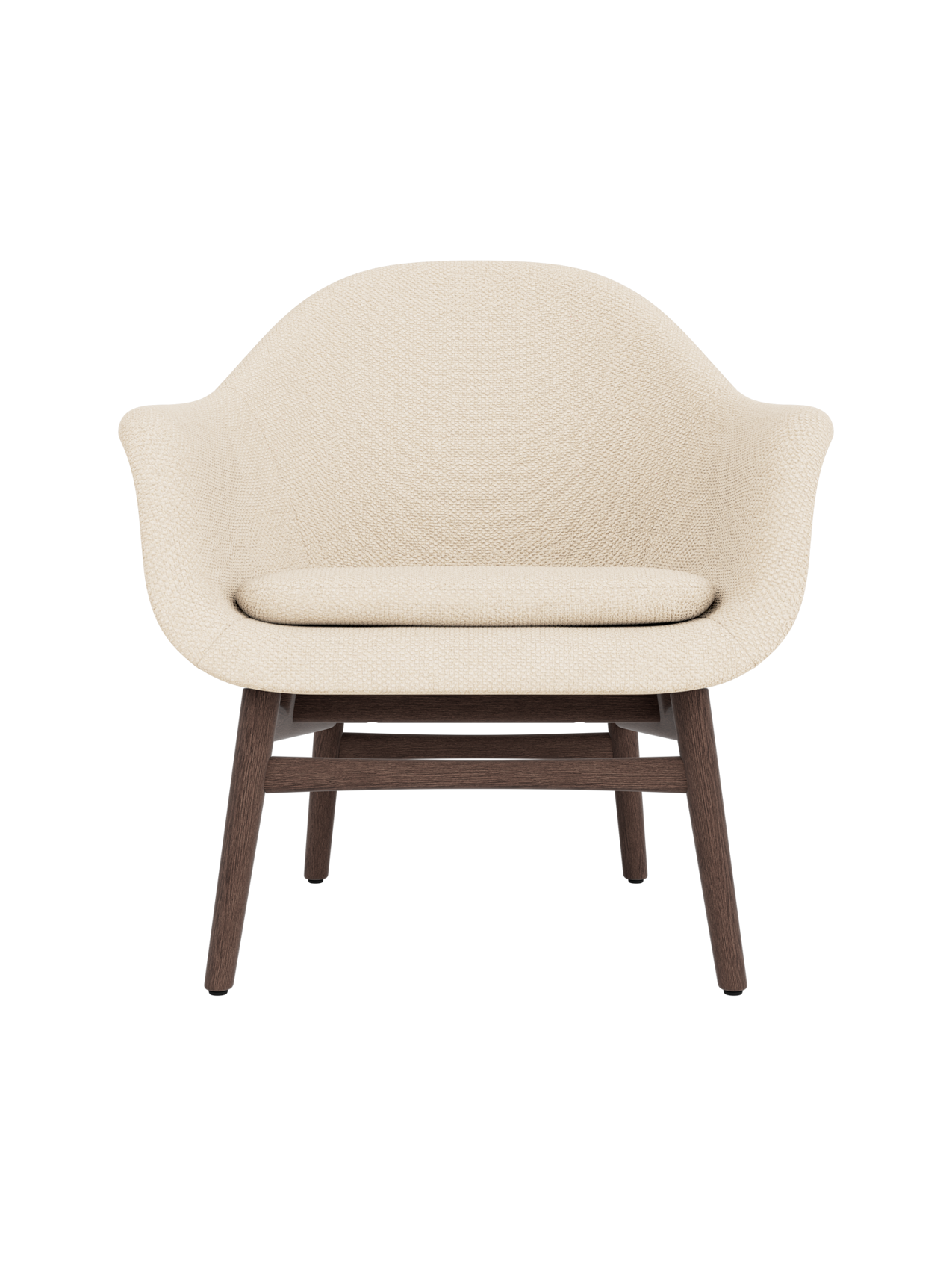 Harbour Lounge Chair in light Logan Jasmine fabric with a curved shell and sculptural dark stained oak frame.