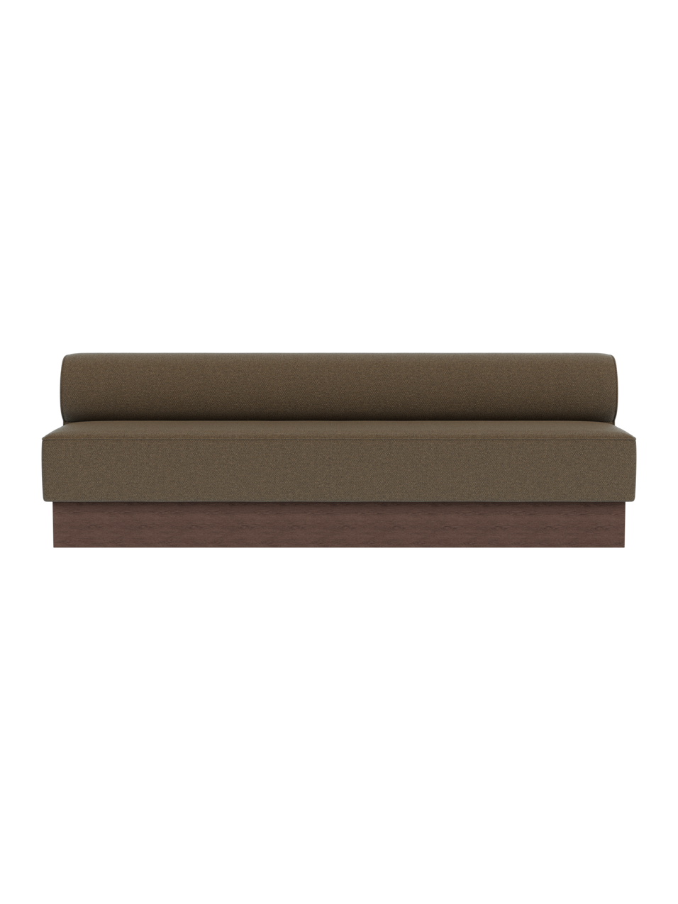 The Eave Dining Sofa, Plateau in dark stained oak with Logan Nutmeg upholstery, shown from a front angle.