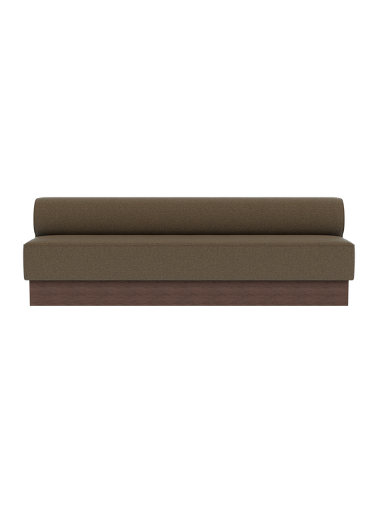 The Eave Dining Sofa, Plateau in dark stained oak with Logan Nutmeg upholstery, shown from a front angle.