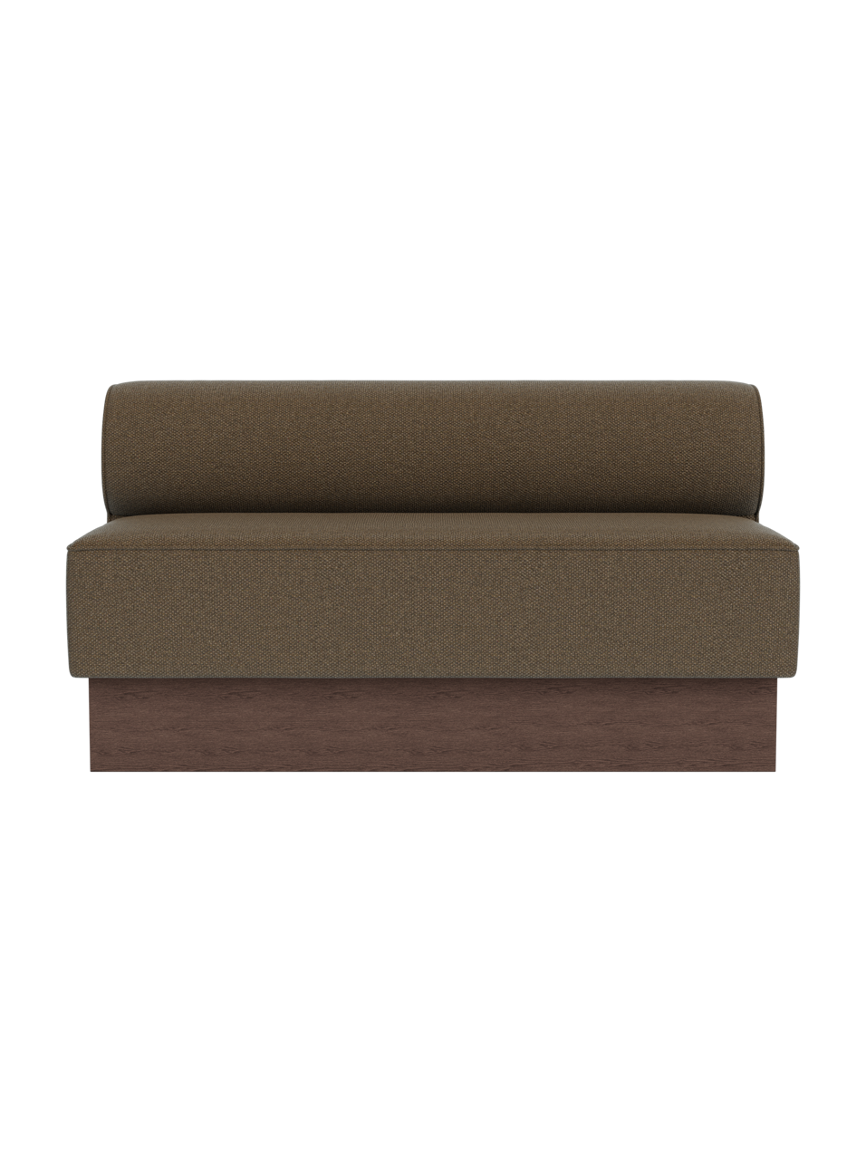 Eave Dining Sofa in dark stained oak with Logan Nutmeg upholstery, shown from the front.