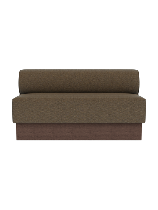 Eave Dining Sofa in dark stained oak with Logan Nutmeg upholstery, shown from the front.