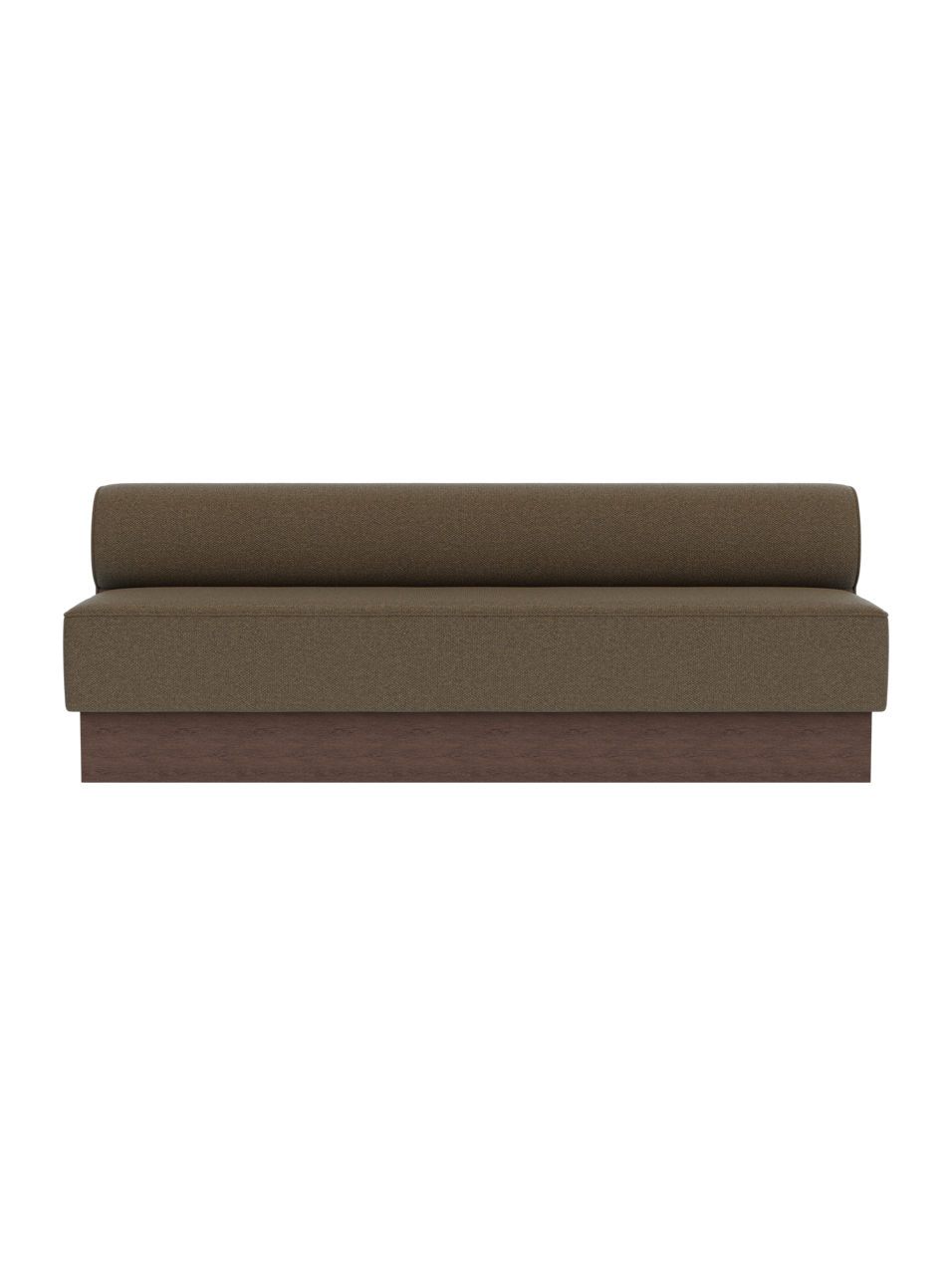 Eave Dining Sofa, Plateau in dark stained oak with Logan Nutmeg upholstery against a black background.